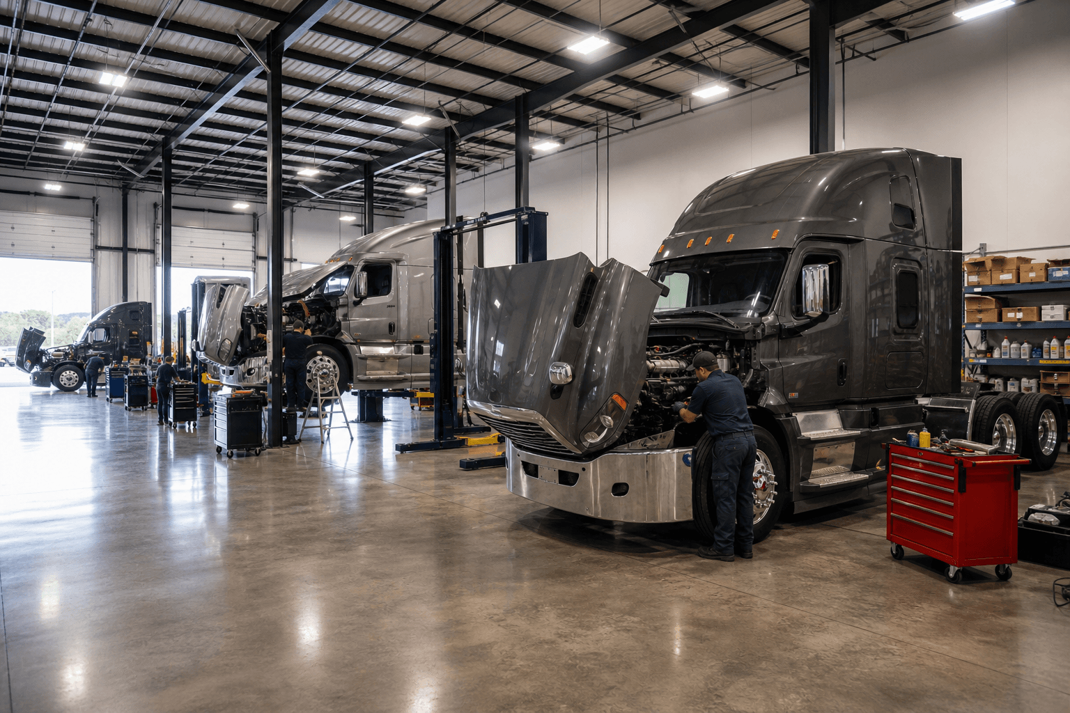 Multi-bay diesel repair shop with tractors on lifts and technicians working